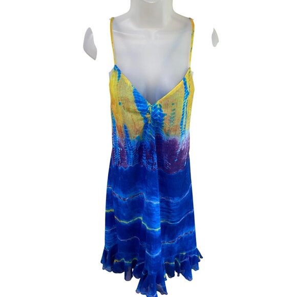 Betsey Johnson Multicolor Blue Yellow Tie-Dye Midi Dress 8 Polyester Womens Back - Picture 2 of 11